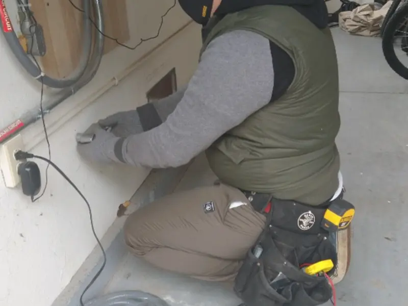 Electrician performing outlet wiring in a Wolcott garage
